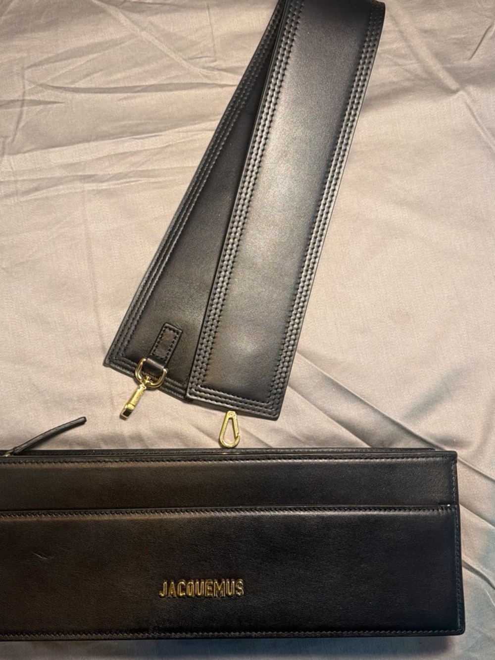 Jacquemus Black Leather Wide-Strap Messenger Bag with Gold Hardware